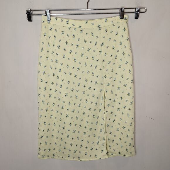 BCBG Floral Skirt Side Slit Yellow Dainty Pencil MIdi - Picture 1 of 8